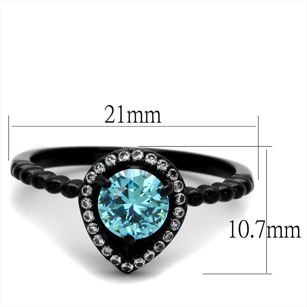 Wholesale Women's Stainless Steel IP Black AAA Grade CZ Sea Blue Ring