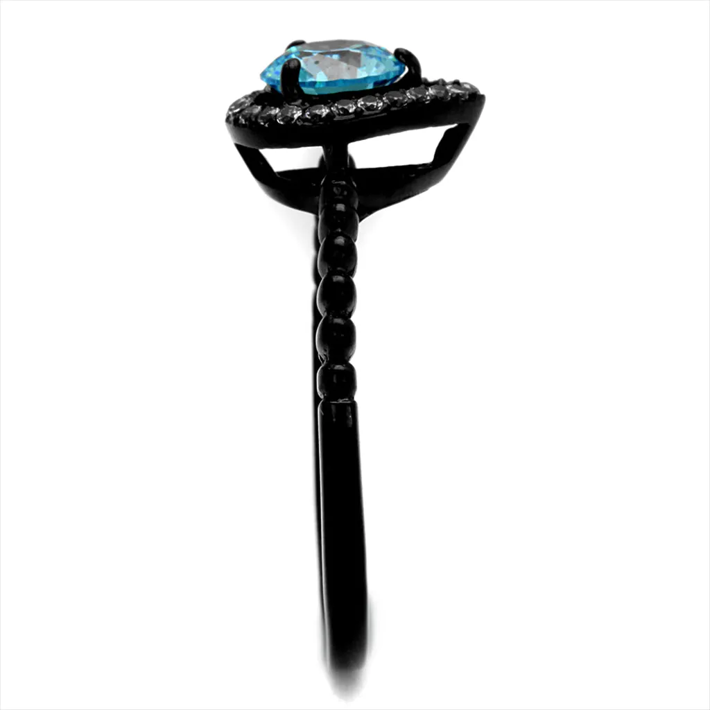 Wholesale Women's Stainless Steel IP Black AAA Grade CZ Sea Blue Ring