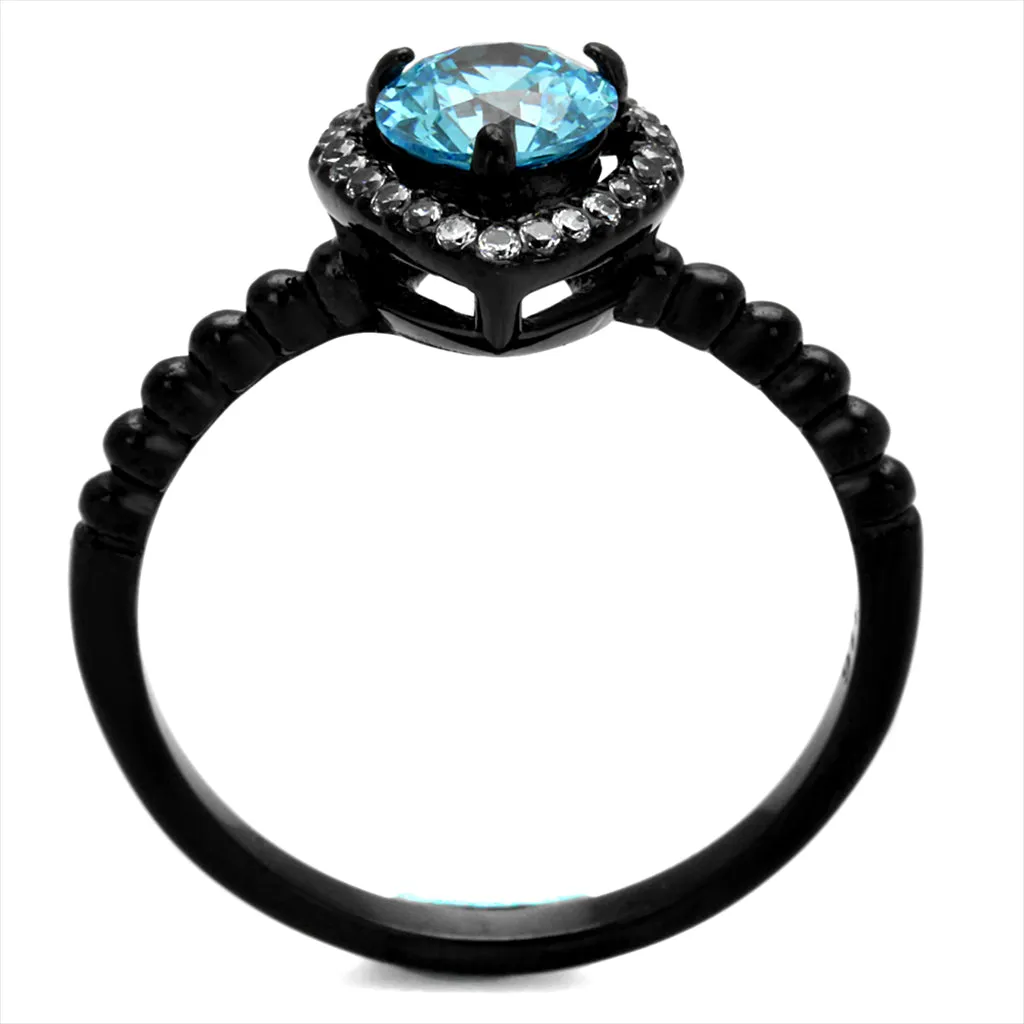 Wholesale Women's Stainless Steel IP Black AAA Grade CZ Sea Blue Ring