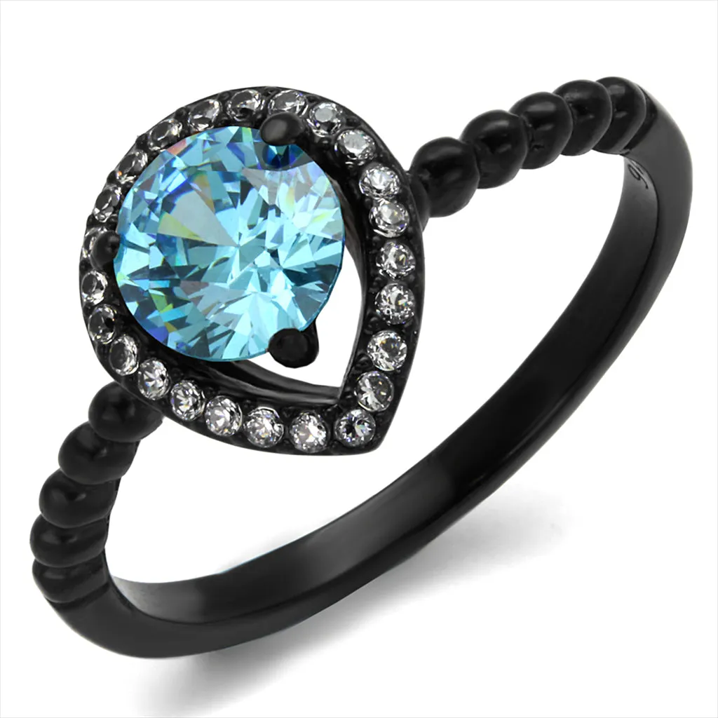 Wholesale Women's Stainless Steel IP Black AAA Grade CZ Sea Blue Ring