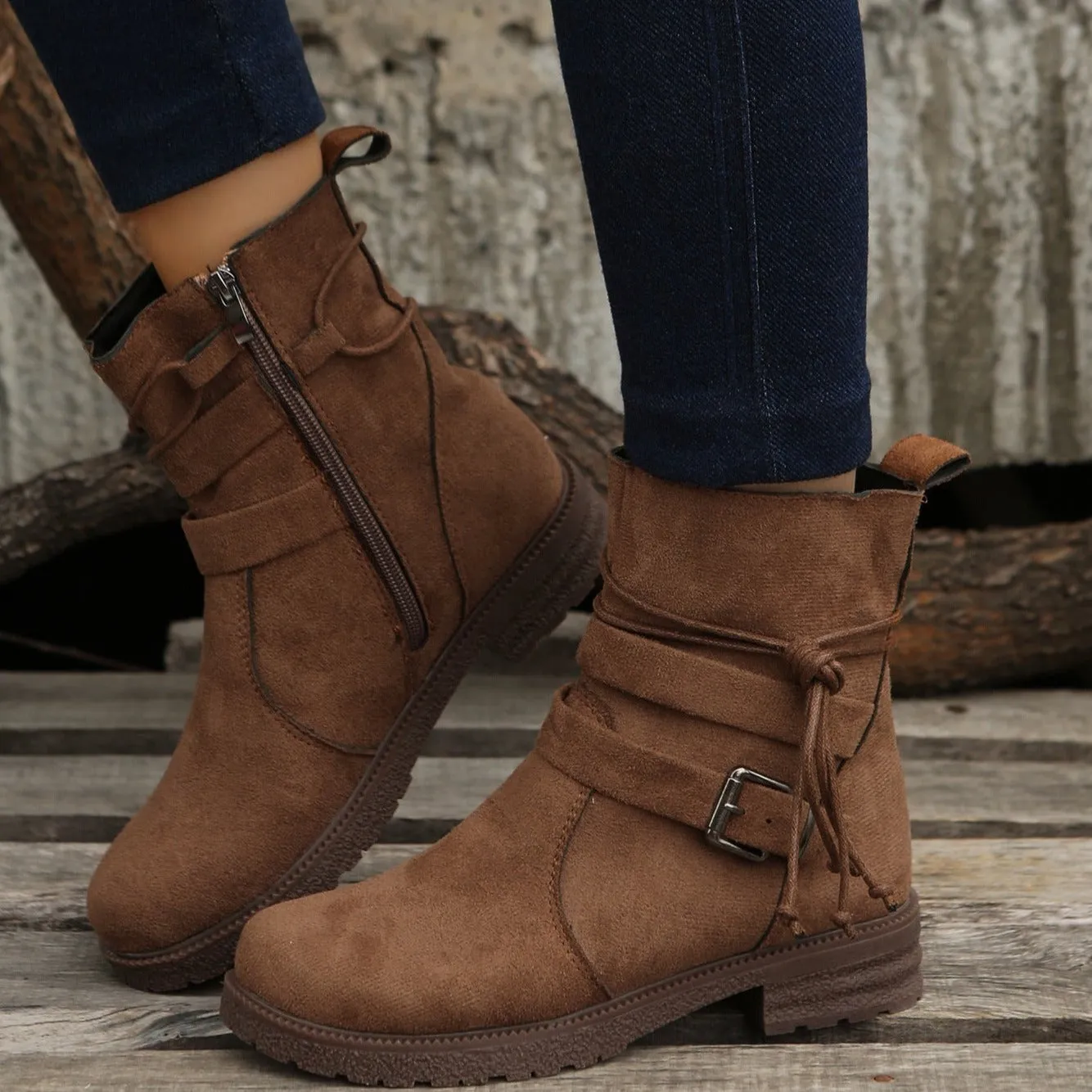 Women ankle lace side zipper buckle strap chunky low heel short boots