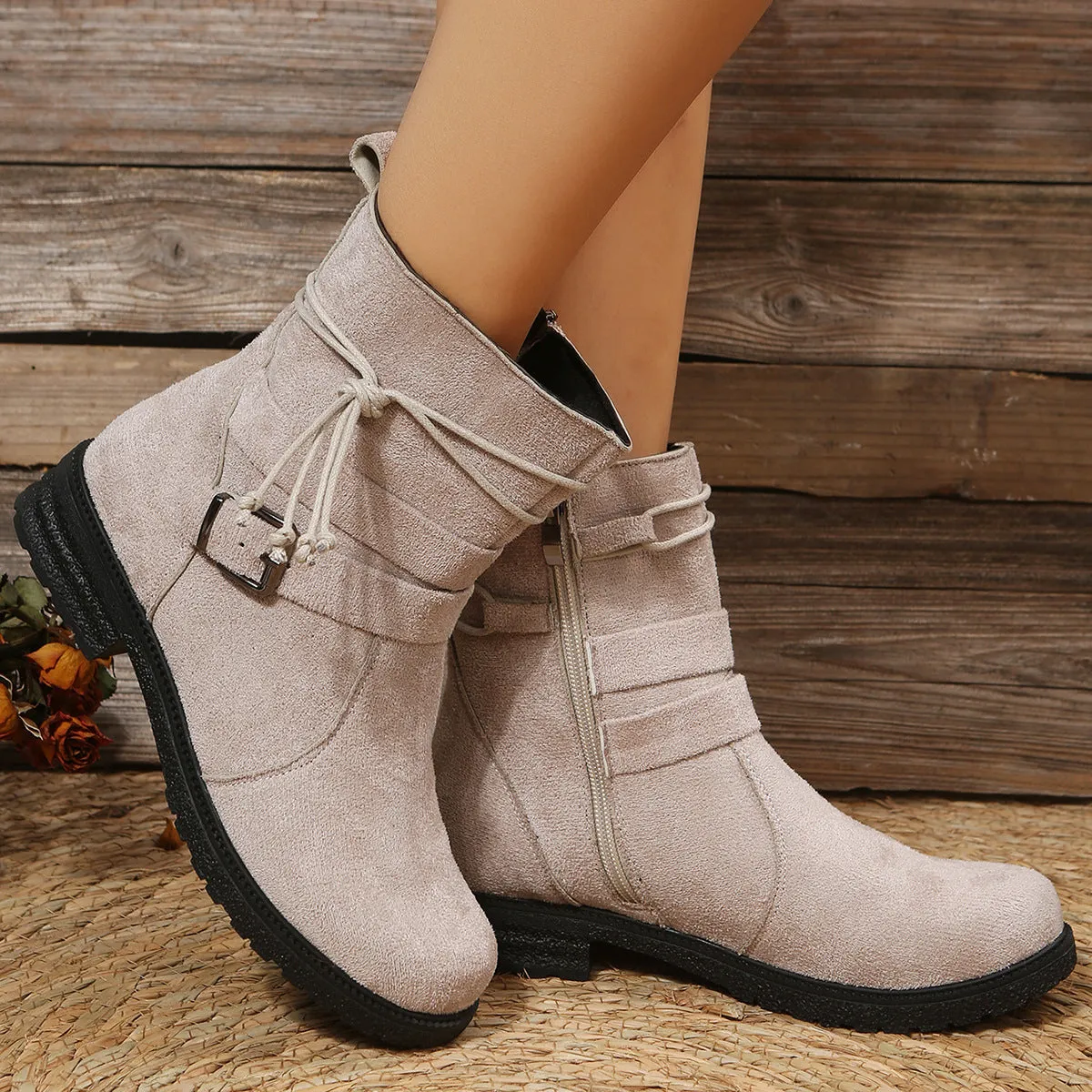 Women ankle lace side zipper buckle strap chunky low heel short boots