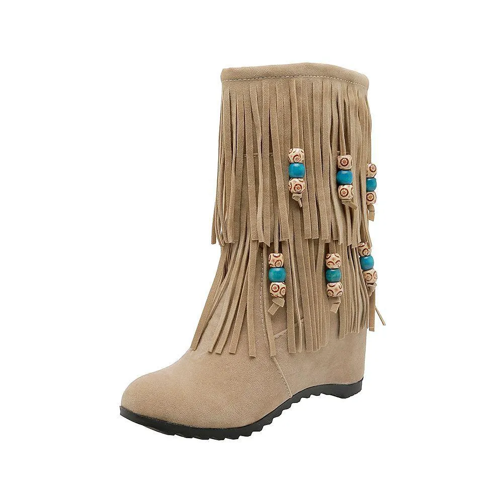 Women's ethnic beaded tassels mid calf boots